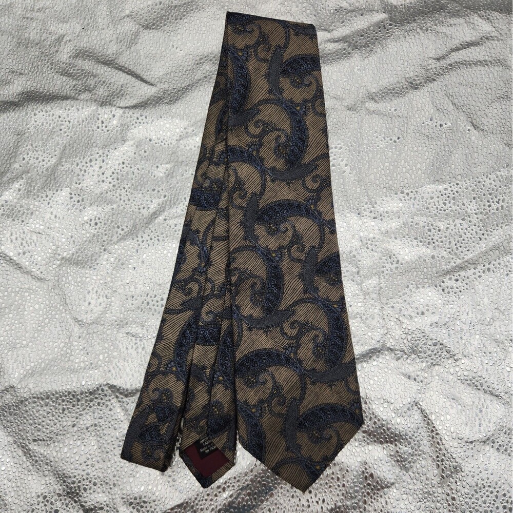 Tie Bachrach Gold Blue Paisley Rep Jacquard 100% Silk Necktie USA Vintage